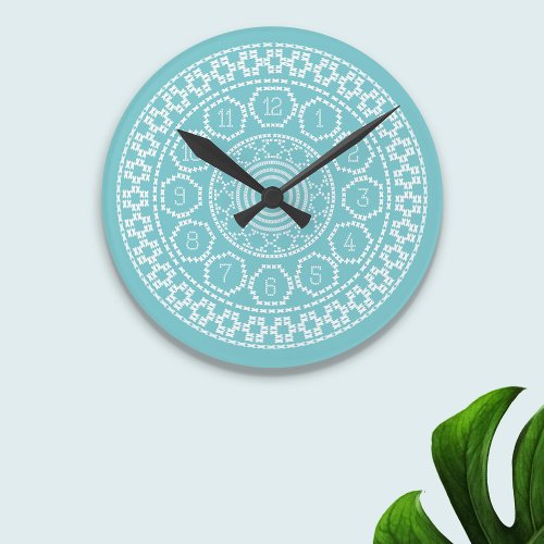 Aqua Nordic Cross Stitch Wall Clock