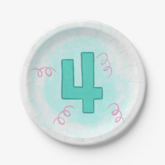 Aqua Number Four Pink Swirls Birthday Plates