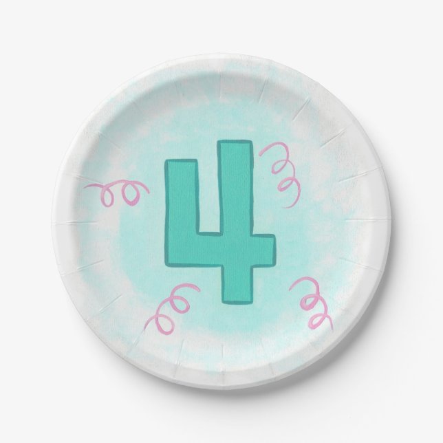 Aqua Number Four Pink Swirls Birthday Plates (Front)