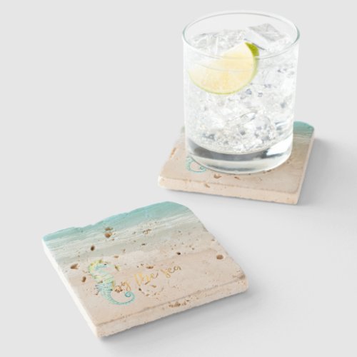 Aqua Ocean Beach Vibes Seahorse Stone Coaster