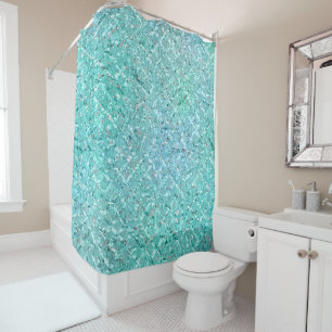 Aqua Ocean Beach White Blue Crystals Shower Curtain