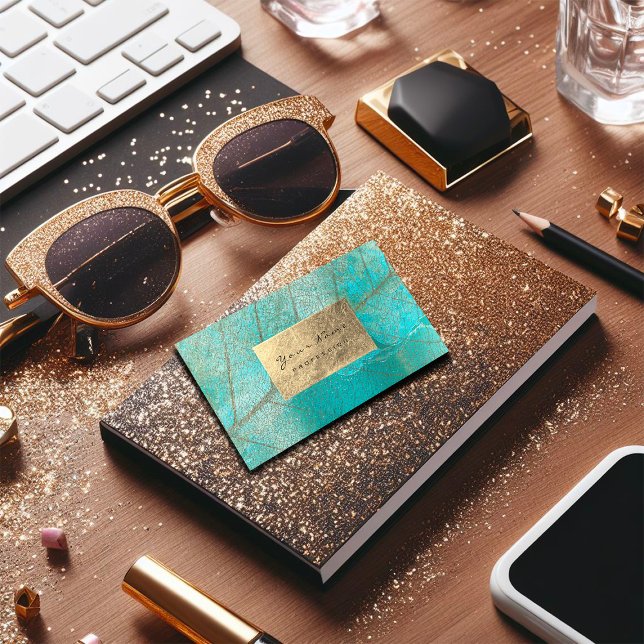 Aqua Ocean Blue Gold Foil Botanical Cement Grungy Business Card (Aqua Ocean Blue Gold Foil Botanical Cement Grungy Business Card)