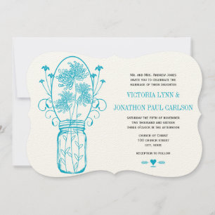 Aqua Ocean Blue Mason Jar Wild Flower Wedding Invitation