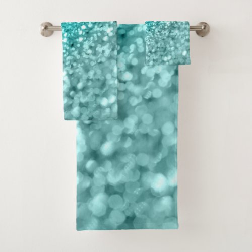 Aqua Ocean Bokeh Glitter 1 Faux Glitter decor  Bath Towel Set