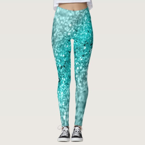 Aqua Ocean Bokeh Glitter 1 Faux Glitter decor  Leggings