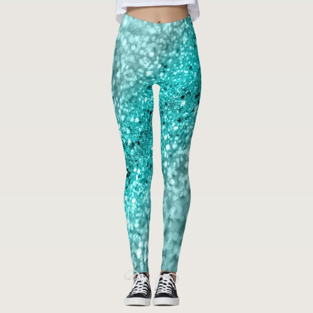 Aqua Ocean Bokeh Glitter #1 (Faux Glitter) #decor  Leggings (Front)