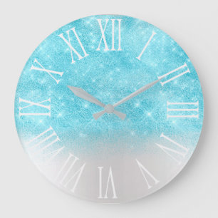 Aqua Ocean Glitter effect White Spark Girly Gift Large Clock