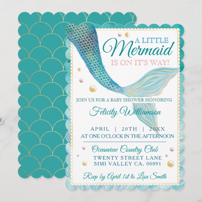 Aqua Ocean Mermaid Tail Baby Shower Invitation (Front/Back)