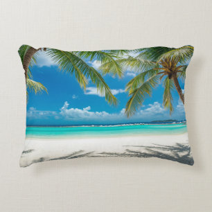 Aqua Ocean Palm Trees Beach Paradise Accent Pillow