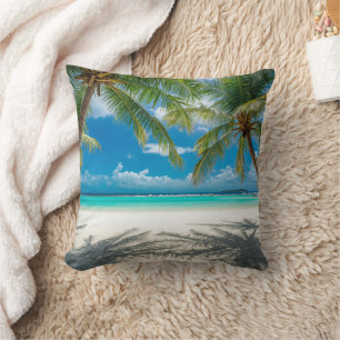 Aqua Ocean Palm Trees Beach Paradise Throw Pillow