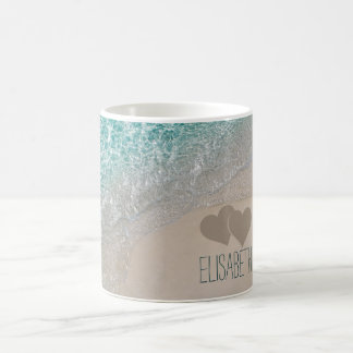 Aqua Ocean Sand Carved Hearts Add Name Coffee Mug
