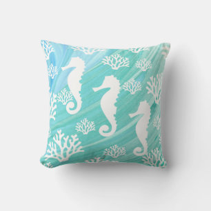 Aqua Ocean Seahorse Coral Sealife Throw Pillow