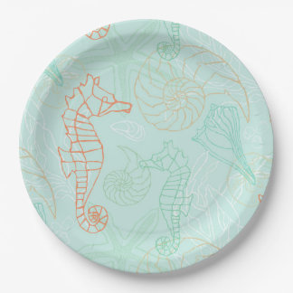 Aqua Ocean Seahorse Motif Paper Plate