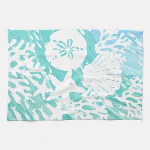 Aqua Ocean Seashells Fish Coral Kitchen Towel
