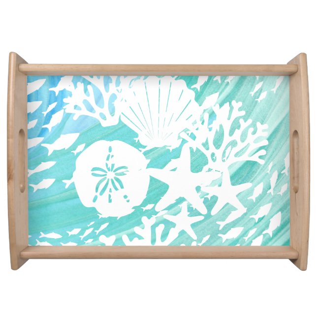 Aqua Ocean Seashells Fish Coral  Serving Tray (Front)