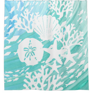 Aqua Ocean Seashells Fish Coral Shower Curtain