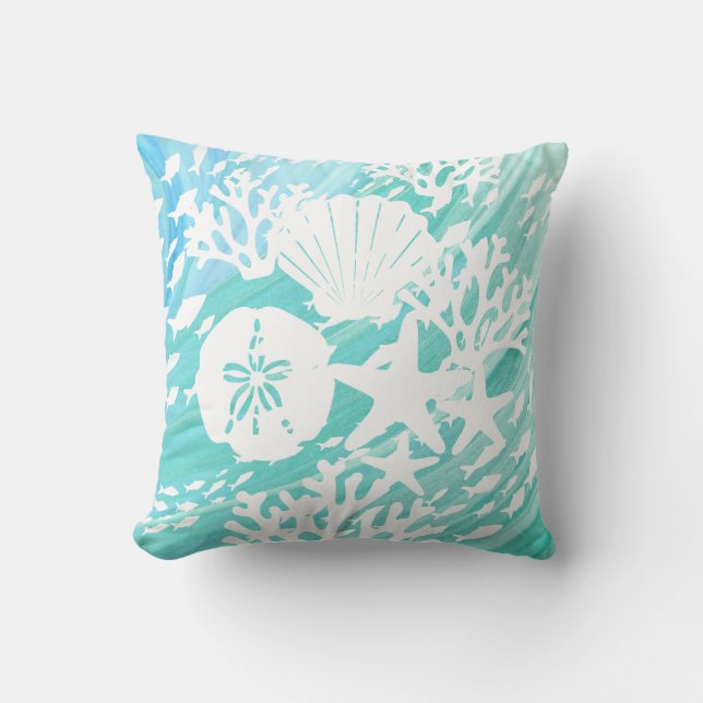 Aqua Ocean Seashells Fish Coral  Throw Pillow (Front)