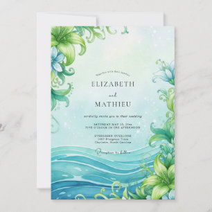 Aqua Ocean Wave Dusty Eucalyptus Wedding Invitation