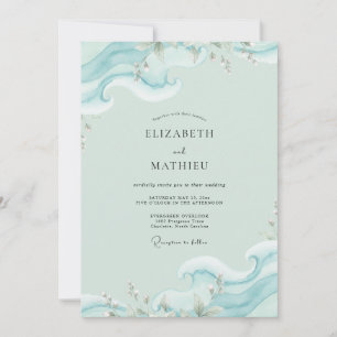 Aqua Ocean Wave Eucalyptus Wedding Invitation