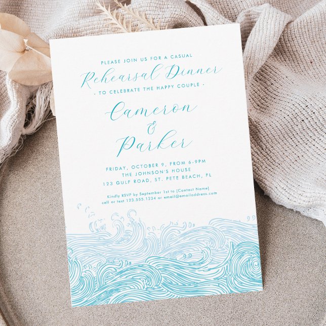 Aqua Ocean Waves Casual Wedding Rehearsal Dinner Invitation (Aqua Blue Casual Rehearsal Dinner Invitation with Ocean Waves for a Coastal Chic Beach Wedding by Co)