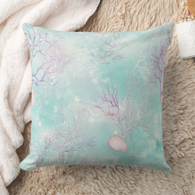 Aqua Ocean Waves & Seashell Pattern (16) Throw Pillow (Blanket)