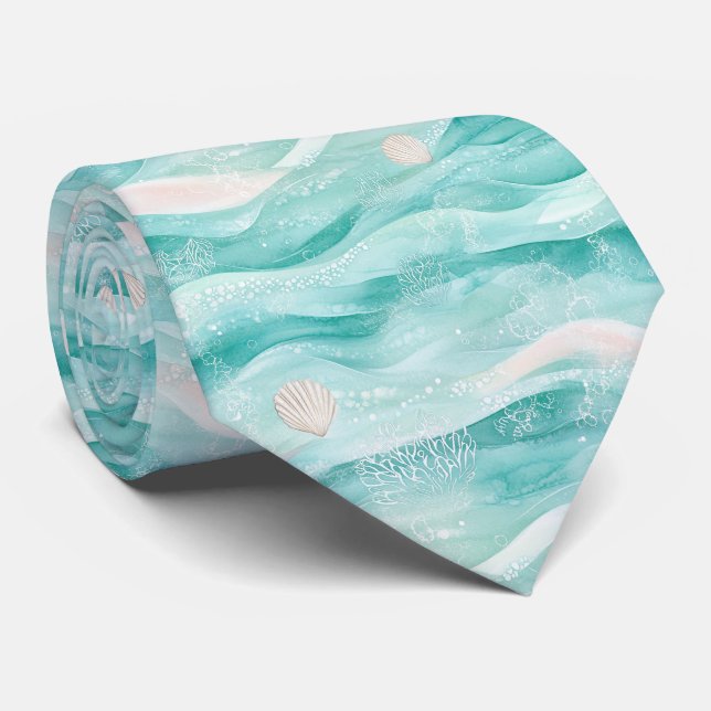 Aqua Ocean Waves & Seashell Pattern (2) Neck Tie (Rolled)