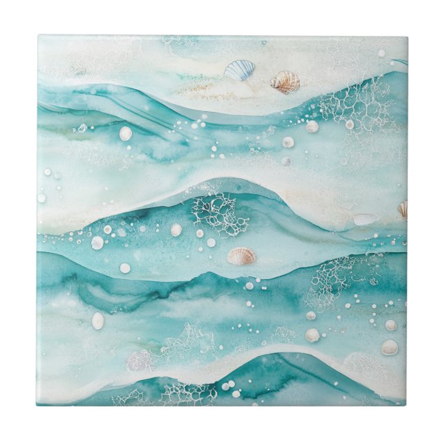 Aqua Ocean Waves & Seashell Pattern (5) Ceramic Tile (Front)
