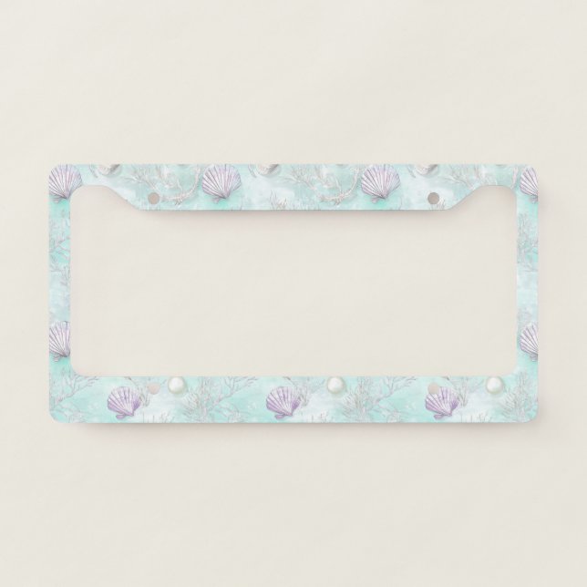 Aqua Ocean Waves & Seashell Pattern (7) License Plate Frame (Front)