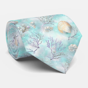 Aqua Ocean Waves & Seashell Pattern (8) Neck Tie