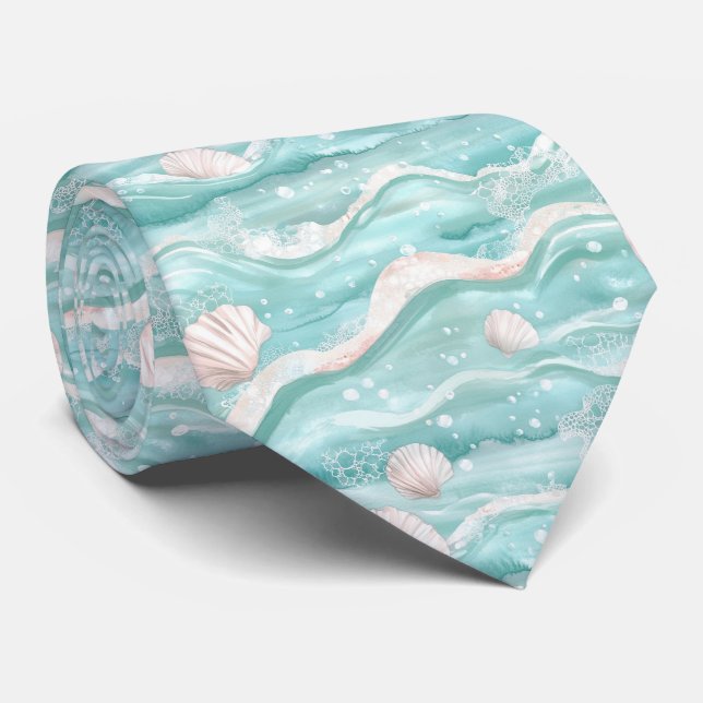 Aqua Ocean Waves & Seashell Pattern Neck Tie (Rolled)