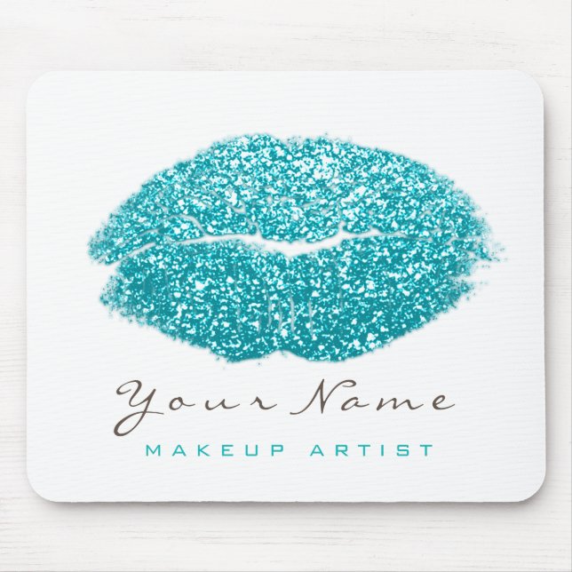 Aqua Ocean White Glitter Name Makeup Lips Kiss Mouse Pad (Front)