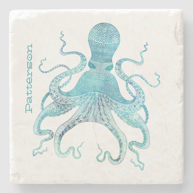 Aqua Octopus Personalized Stone Coaster (Front)