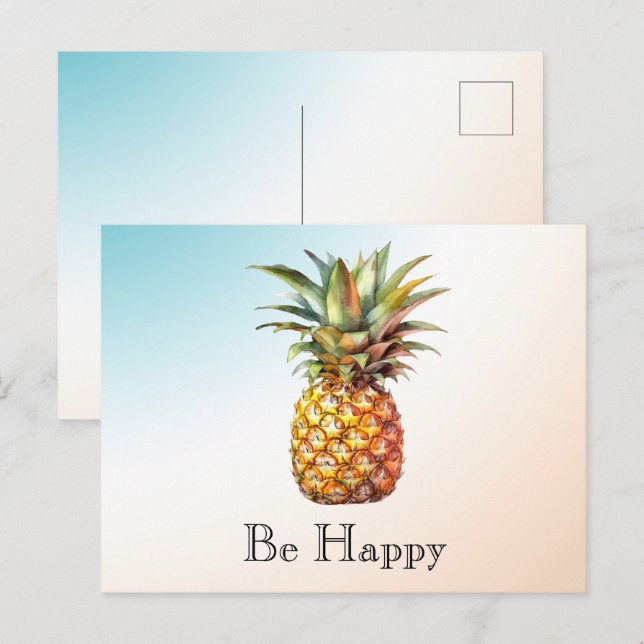 Aqua Ombre Cream Happy Tropical Pineapple Postcard (Front/Back)