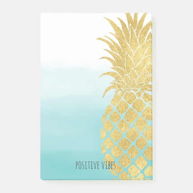Aqua Ombre Gold Glam Pineapple Post-it Notes (Front)