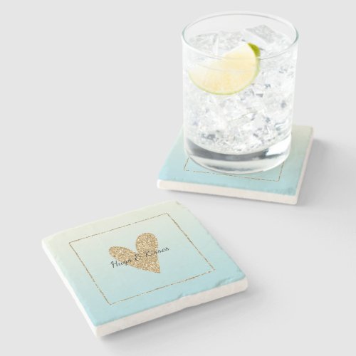 Aqua Ombre Gold Glitter Heart Stone Coaster