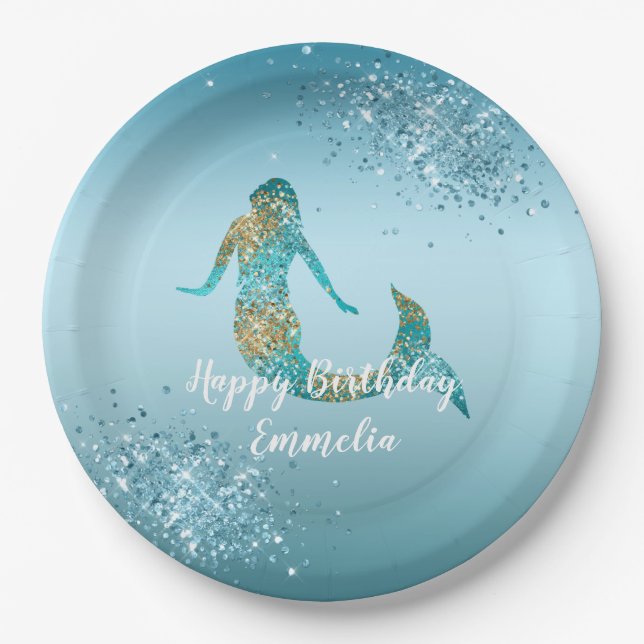 Aqua Ombre Gold Glitter Sparkle Mermaid       Paper Plates (Front)