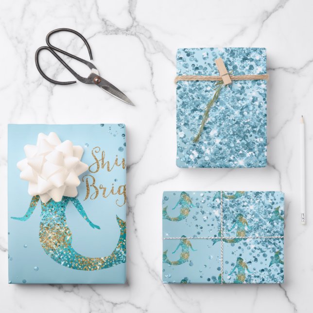 Aqua Ombre Gold Glitter Sparkle Mermaid  Wrapping Paper Sheets (Front)