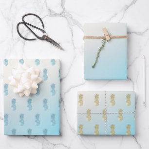 Aqua Ombre Gold Pineapples Wrapping Paper Sheets