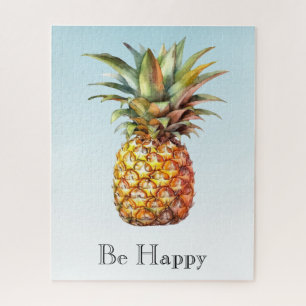 Aqua Ombre Happy Tropical Pineapple Jigsaw Puzzle