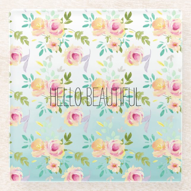 Aqua Ombre Pink Yellow Floral Glass Coaster (Front)