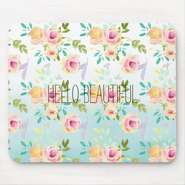 Aqua Ombre Pink Yellow Floral Mouse Pad (Front)