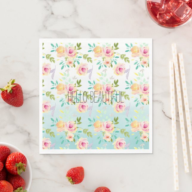 Aqua Ombre Pink Yellow Floral Napkins (Insitu)
