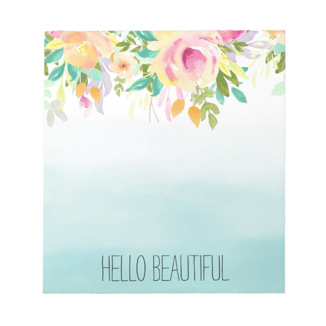 Aqua Ombre Pink Yellow Floral Notepad (Front)