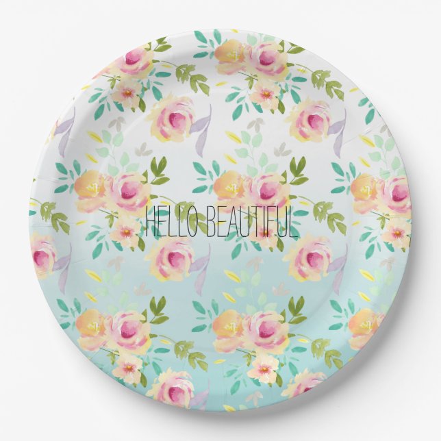 Aqua Ombre Pink Yellow Floral Paper Plates (Front)