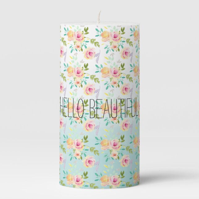 Aqua Ombre Pink Yellow Floral Pillar Candle (Front)