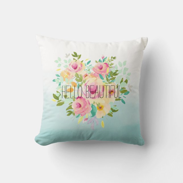 Aqua Ombre Pink Yellow Floral Throw Pillow (Front)