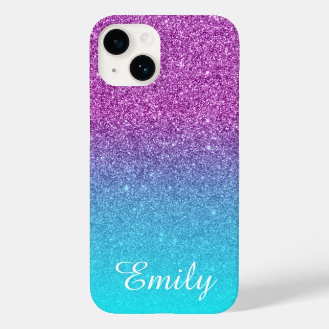 Aqua Ombre Purple Glitter Personalized Case-Mate iPhone Case (Back)