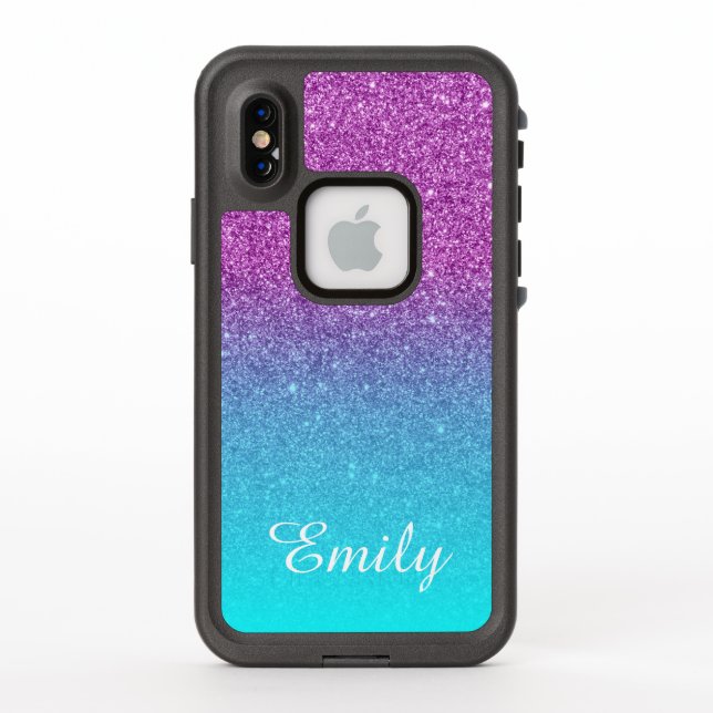 Aqua Ombre Purple Glitter Personalized LifeProof iPhone Case (Back)