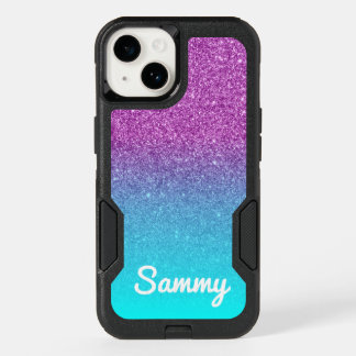 Aqua Ombre Purple Glitter Personalized OtterBox iPhone 14 Case