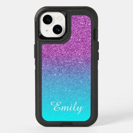Aqua Ombre Purple Glitter Personalized Otterbox Iphone 14 Case